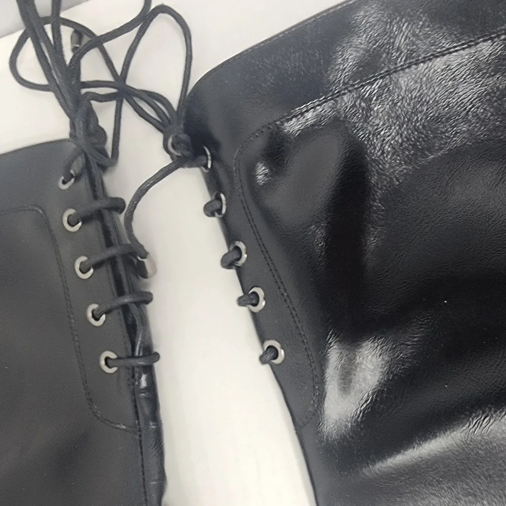 Black Faux Leather Pointed Toe Over The‎ Knee Boots Lace Up Side Zip Size 6